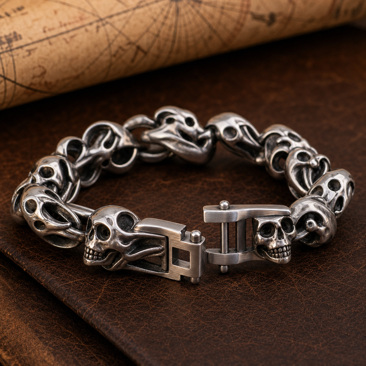 Détail du bracelet pirate, reliefs des crânes, esprits et fermoir
