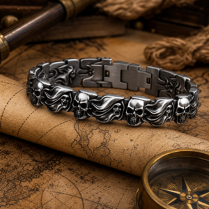 Bracelet pirate en acier avec maillons crânes et esprits