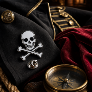 Broche pirate tête de mort sur veste noire, velours rouge et boussole