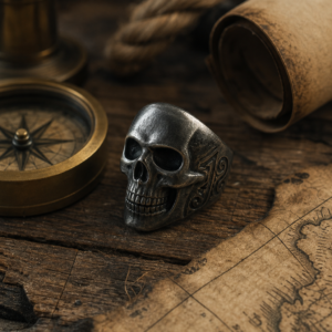 Bague pirate tête de mort en acier noirci sur table de navigation