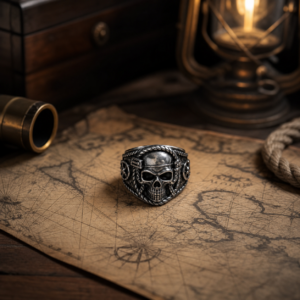 Bague pirate à crâne en métal noirci posée sur une carte marine dans une cabine de navire