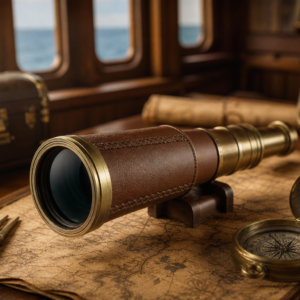 Longue-vue pirate monoculaire 25×30 en cuir brun et métal bronze sur une carte marine dans une cabine
