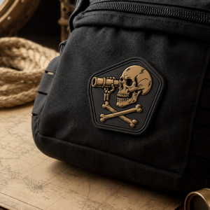 Écusson pirate tactique noir et bronze avec crâne, os croisés et longue-vue fixé sur un sac noir