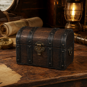 Coffret coffre au trésor pirate en bois sombre et métal vieilli