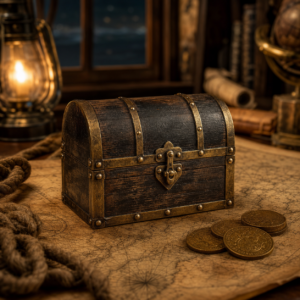 Coffre au trésor pirate en bois sombre sur carte marine