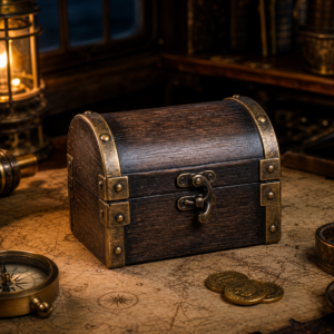 Coffre au trésor pirate vintage en bois sombre et ferrures dorées