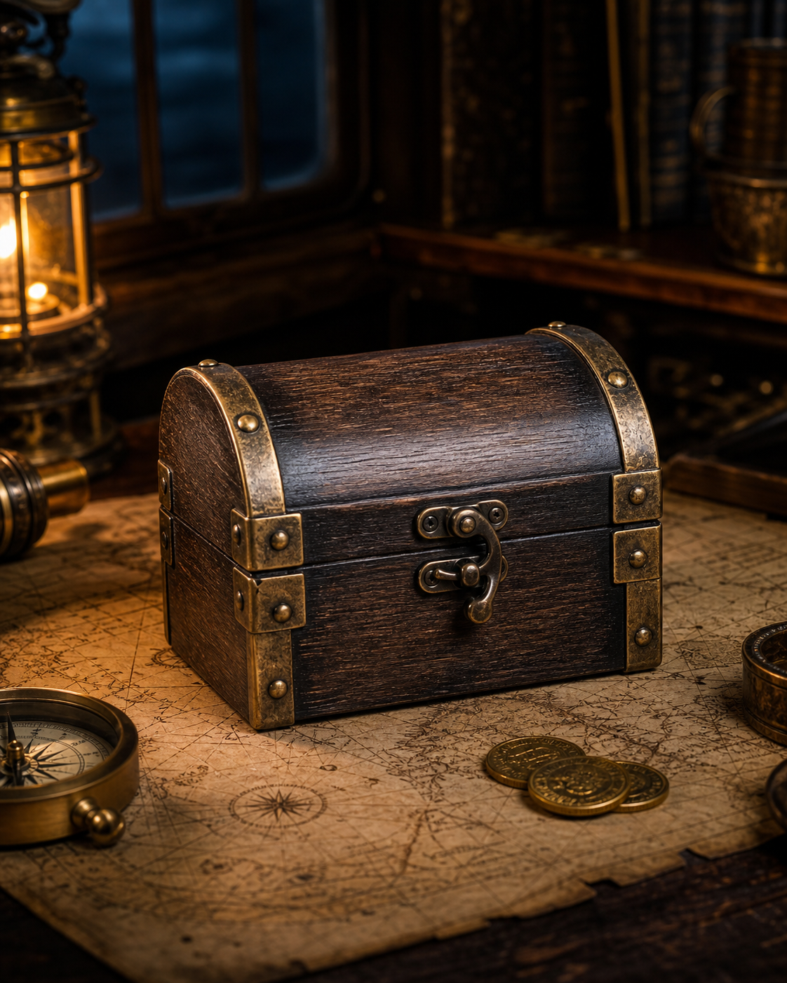 Coffre au trésor pirate vintage en bois sombre et ferrures dorées