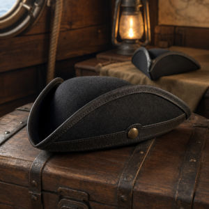Tricorne pirate noir posé sur un coffre de capitaine