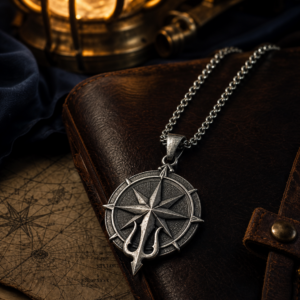 Pendentif pirate en acier avec rose des vents et trident sur une carte marine
