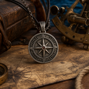 Pendentif pirate boussole nordique en acier 316L sur carte maritime