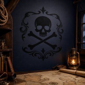 Décor mural pirate noir tête de mort et os croisés