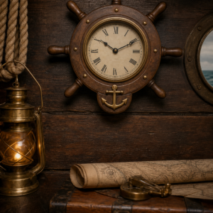Horloge murale pirate en forme de roue de navire sur cloison en bois