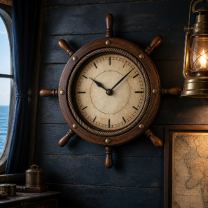 Horloge murale pirate en forme de roue de gouvernail dans une cabine sombre
