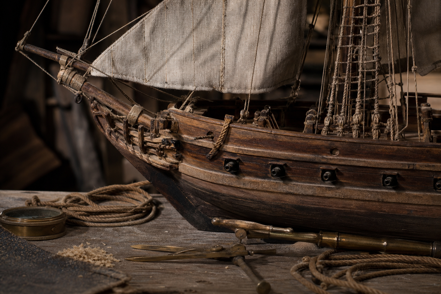 Détail de la maquette de voilier pirate avec coque, voiles et cordages