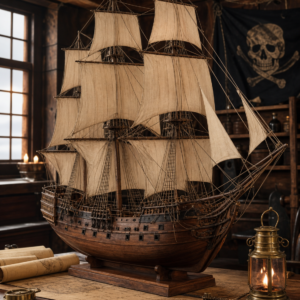 Maquette de voilier pirate en bois sur carte marine dans une cabine