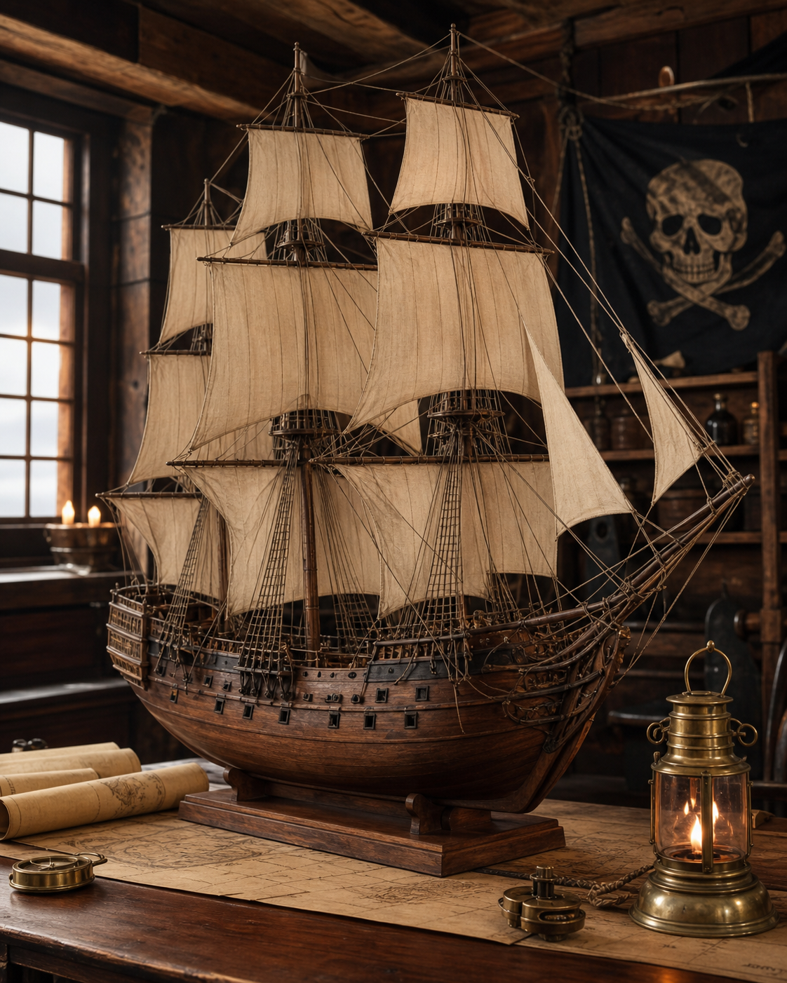 Maquette de voilier pirate en bois sur carte marine dans une cabine