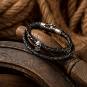 Bracelet cuir tressé et crâne — Le Cordage du Gabier
