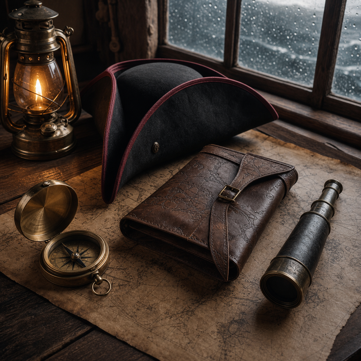Tricorne, longue-vue, boussole et étui de carte pirate
