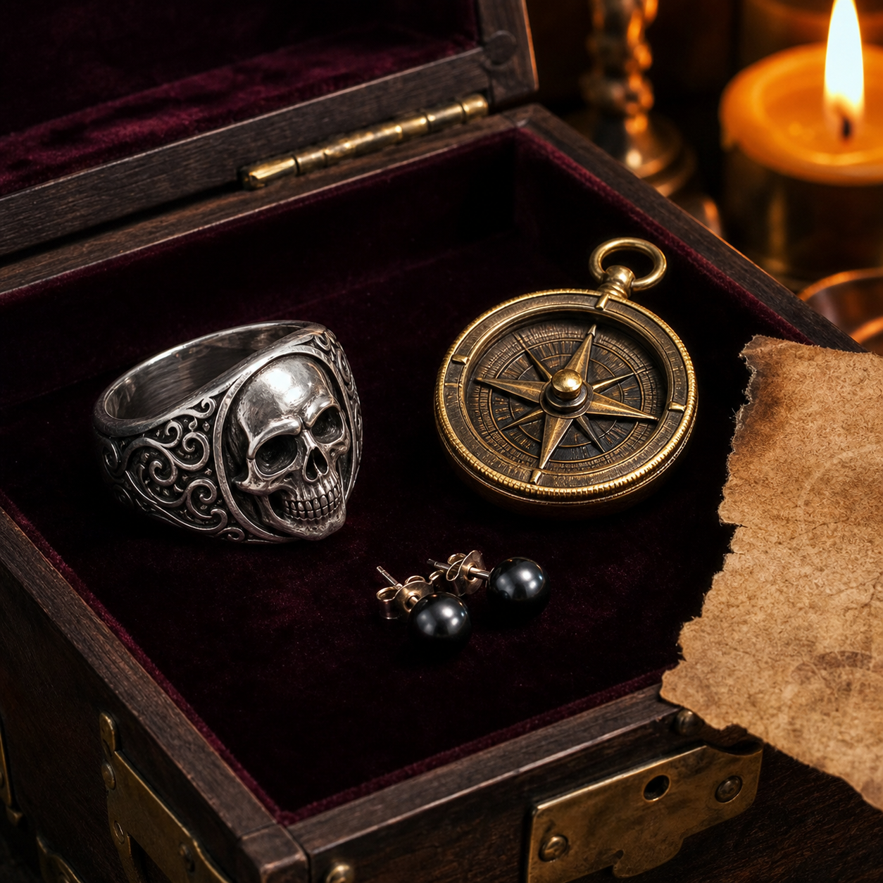 Bague crâne, pendentif boussole et boucles en perles noires
