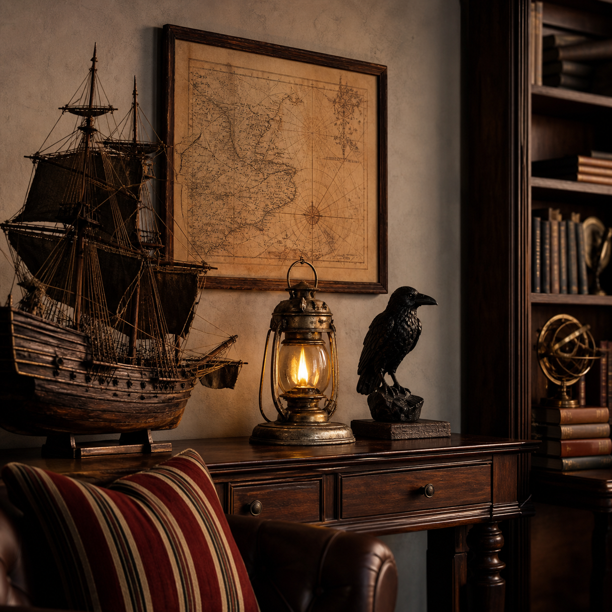 Décoration pirate raffinée avec navire miniature, lanterne et carte marine