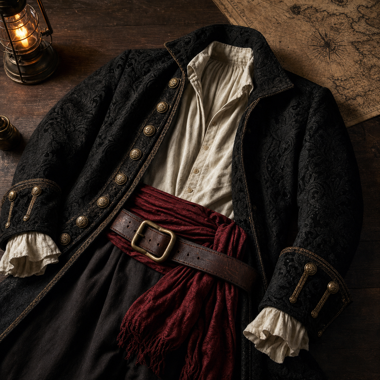 Manteau pirate noir, chemise ivoire et ceinture de cuir