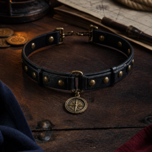 Collier ras-du-cou pirate à rivets en cuir noir – Le Harnais du Quart de Nuit