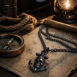 Collier pirate tête de mort et ancre en acier – Le Pendentif du Forban