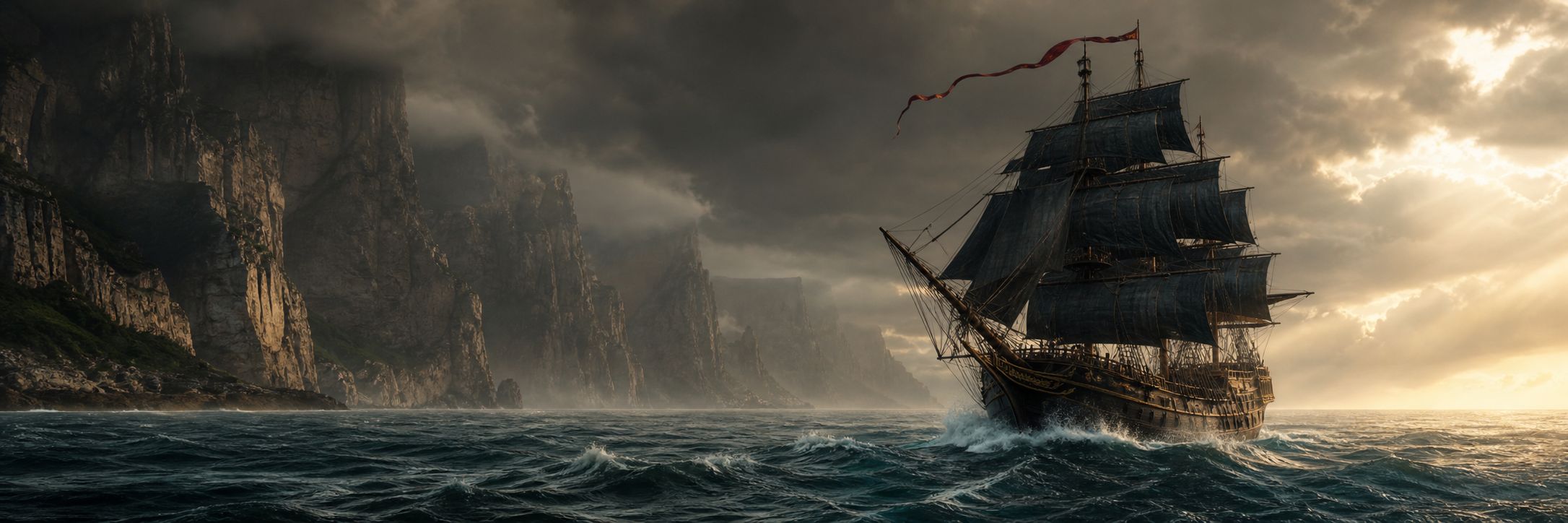 Navire pirate aux voiles noires longeant des falaises dans la lumière de l’aube